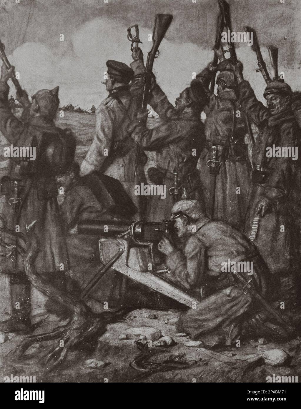 World War I. Germans' insidious tricks. An ambush. 1914. By Lucien Jonas. The beginning of the operations led to the fact that many parts of the German troops committed actions incompatible with both military honor and human rights. The enemy not only abused the Red Cross badge too often, which he subsequently had to respect so little in turn, but also resorted to a disgusting form of feigned surrender. French soldiers on patrol. Suddenly the Germans appear. They raise their weapons with their butts up. In the midst of them, their officer raises his saber by the blade. The group shouts: 'Camar Stock Photo