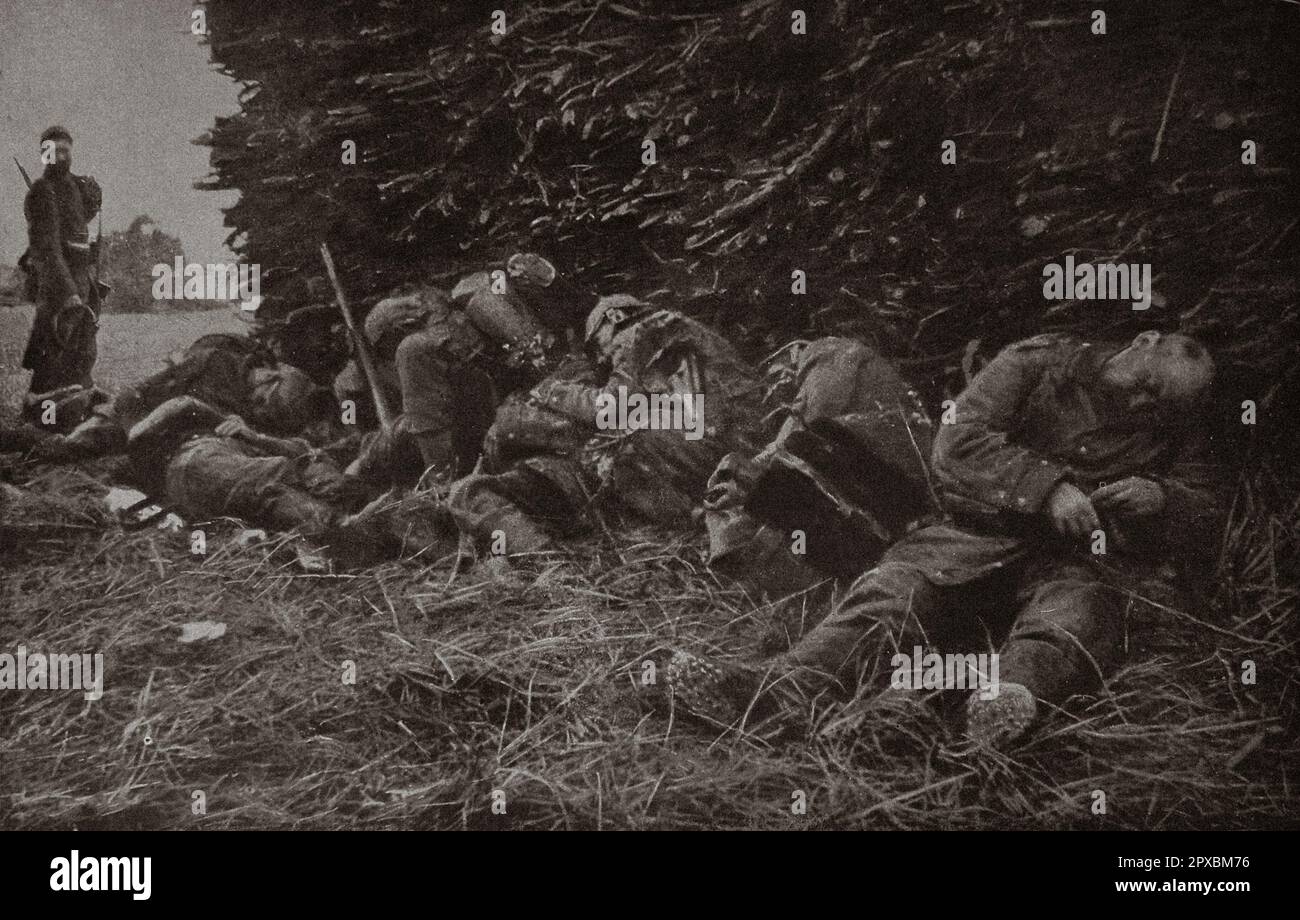 World War I. France at war. A huge battlefield. The destruction inflicted by French 75-caliber artillery on the enemy ranks left striking traces in the vicinity of the Modem. Here a whole group, destroyed without visible damage by a single shell explosion, seems to be sleeping at the foot of these  bundles. Stock Photo