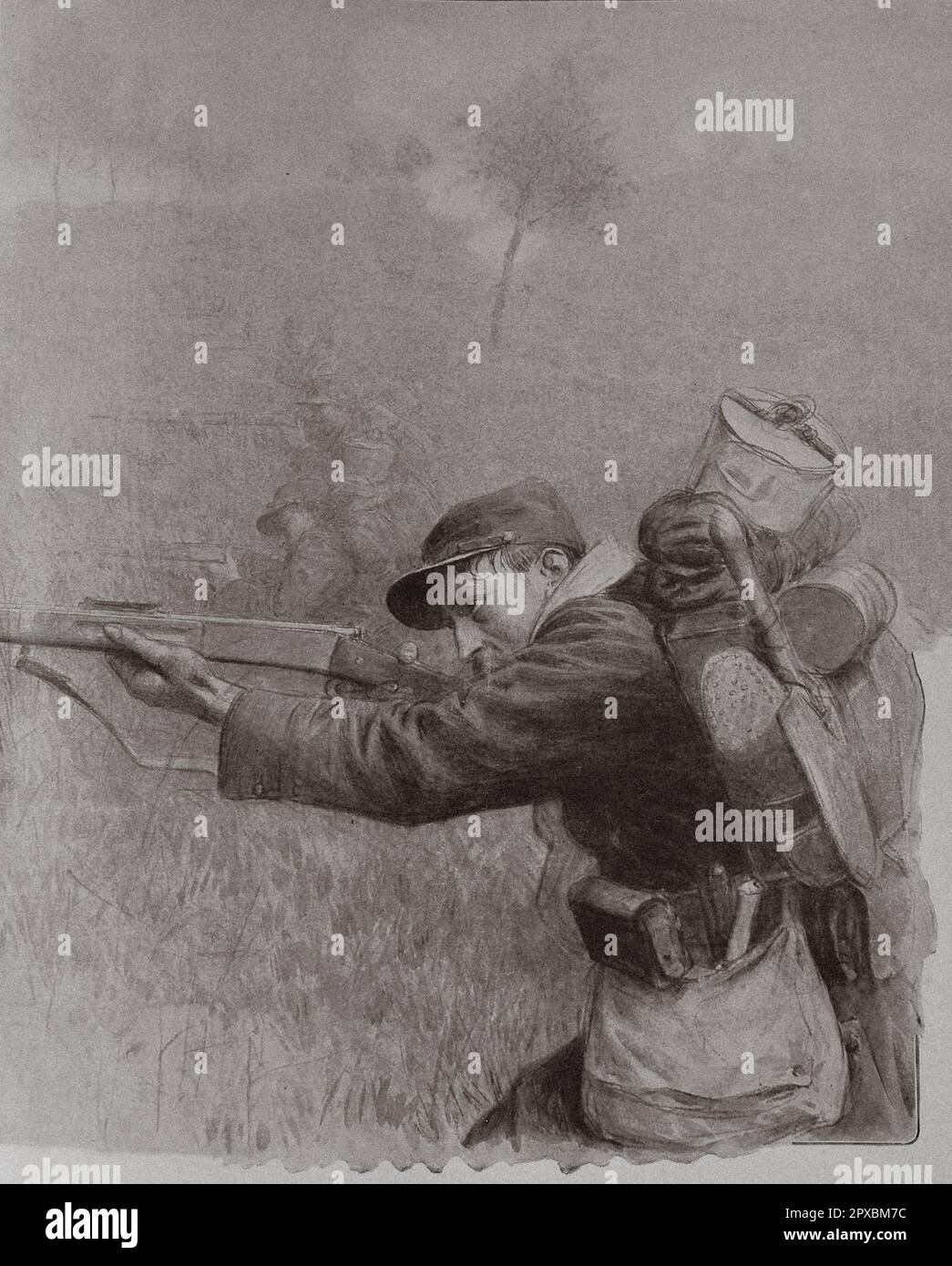 World War I. France at war.  Jump, run, shoot: a unit of French soldiers in battle. 1914 Stock Photo