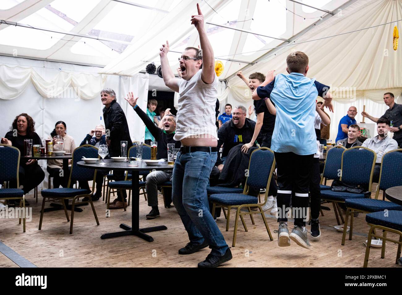 Penybont celebrate qualifying for the UEFA Europa Conference League at Bryntirion Park on the 30th April 2023. Stock Photo