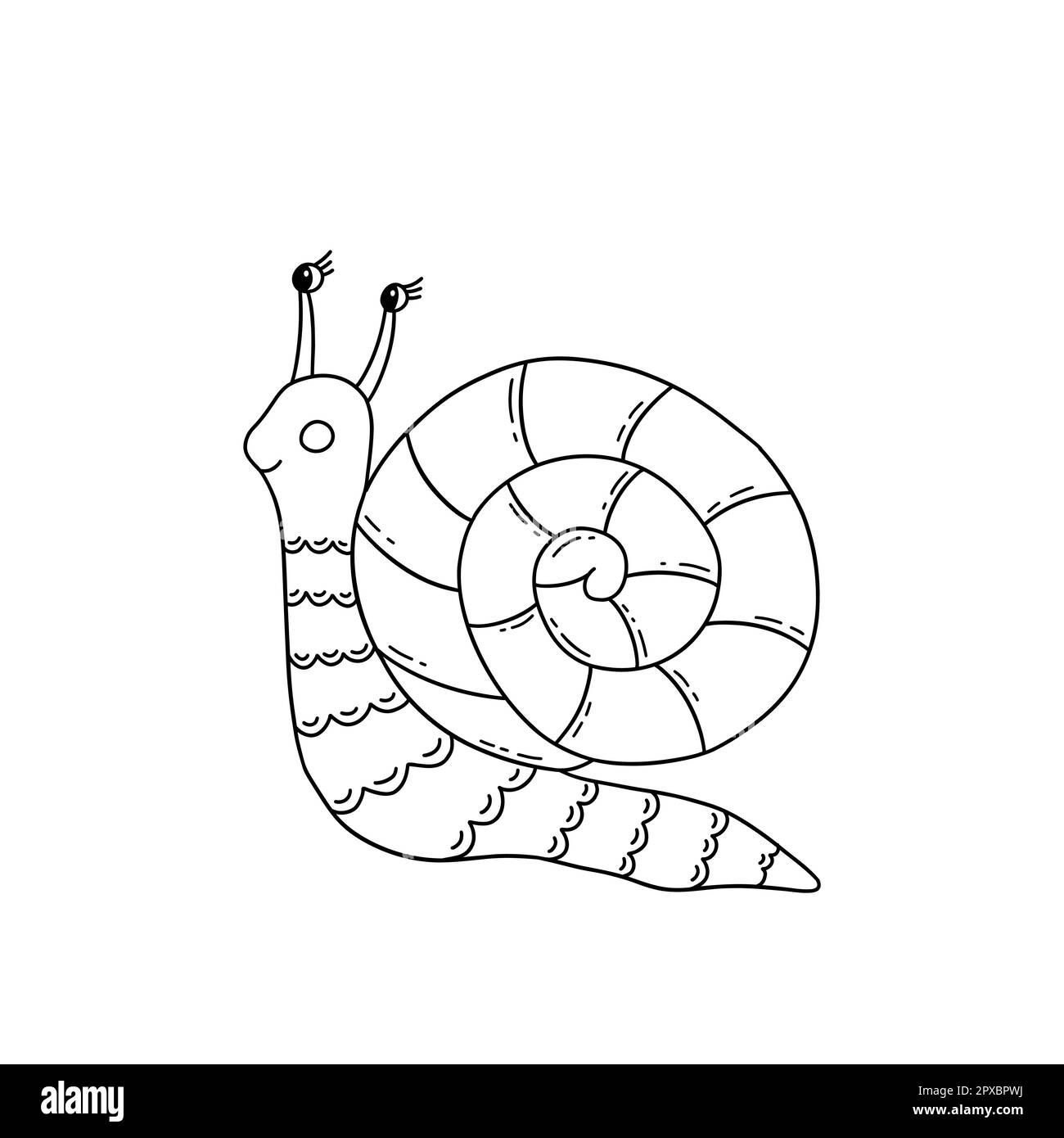Cute snail, clam with striped shell. Black and white vector isolated illustration hand drawn with outline doodle. Single icon or card element coloring Stock Vector
