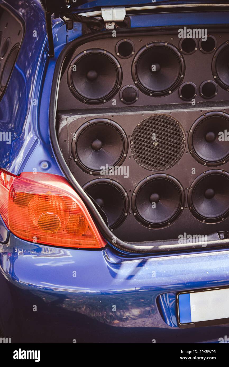 The inside of a car trunk full of stereo speakers Stock Photo - Alamy