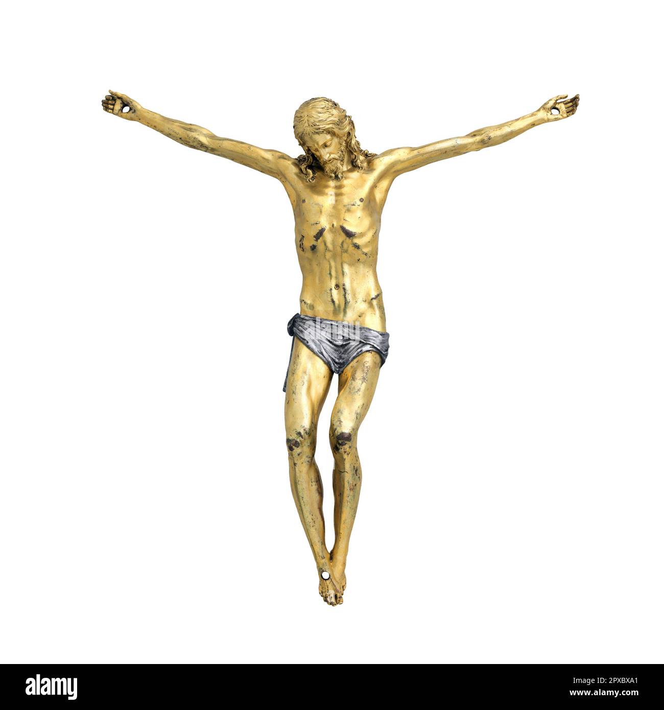 Jesus Christ corpus from a crucifix isolated on white background, front view color picture Stock Photo