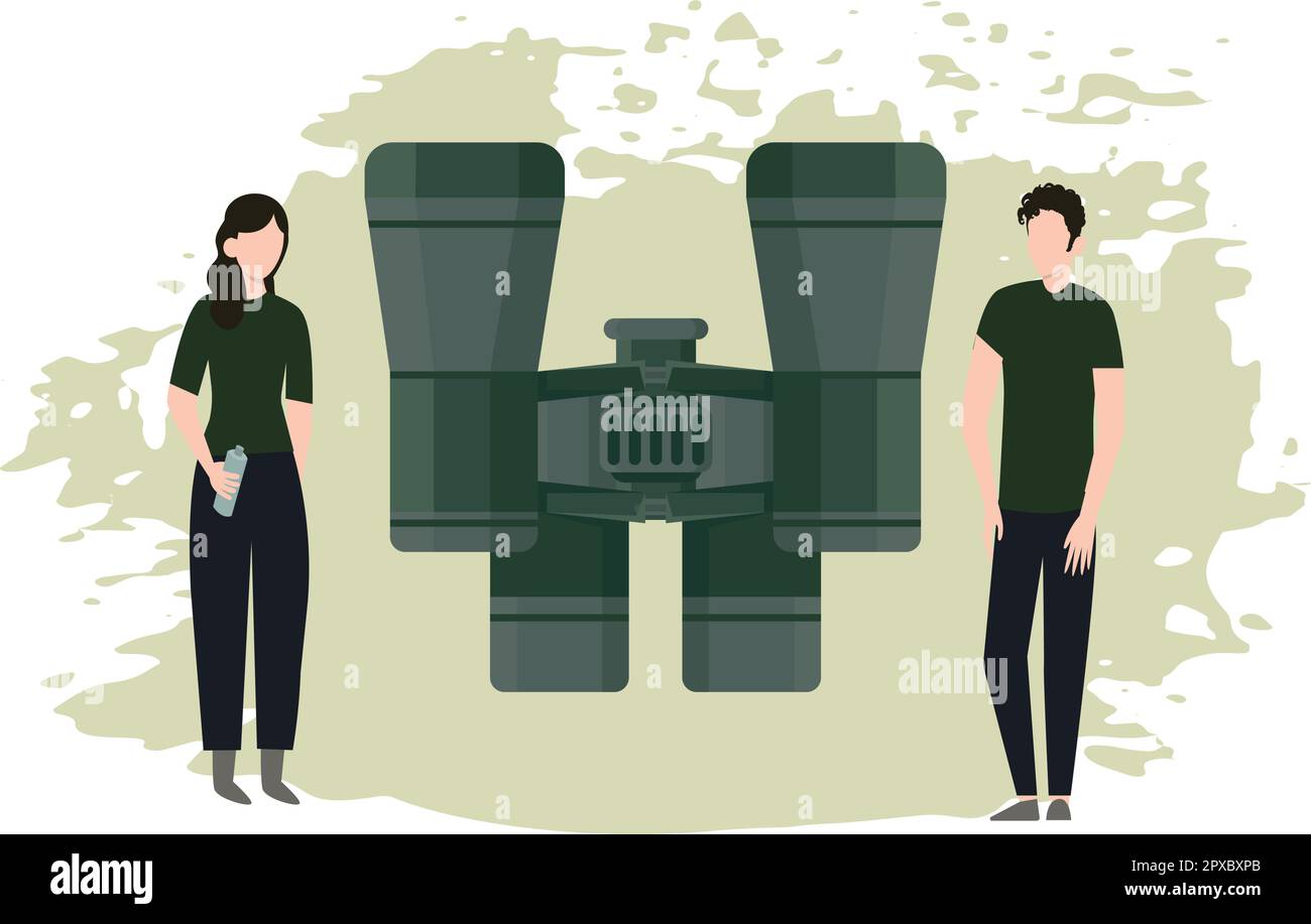 Boy and girl looking through binoculars. Stock Vector