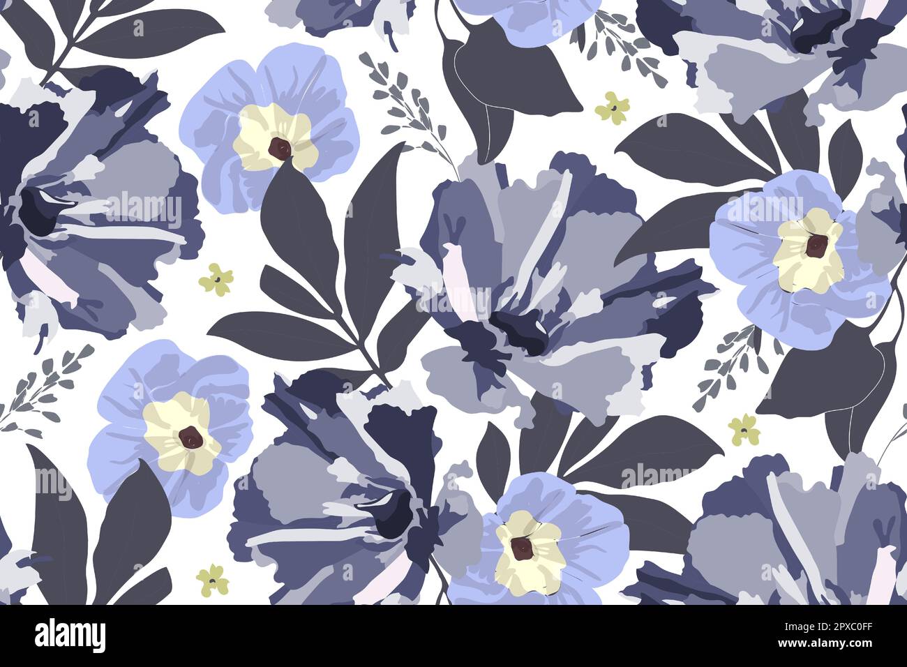 Floral vector seamless pattern. Morning glory, ipomoea. Blue, yellow flowers and leaves Stock Vector