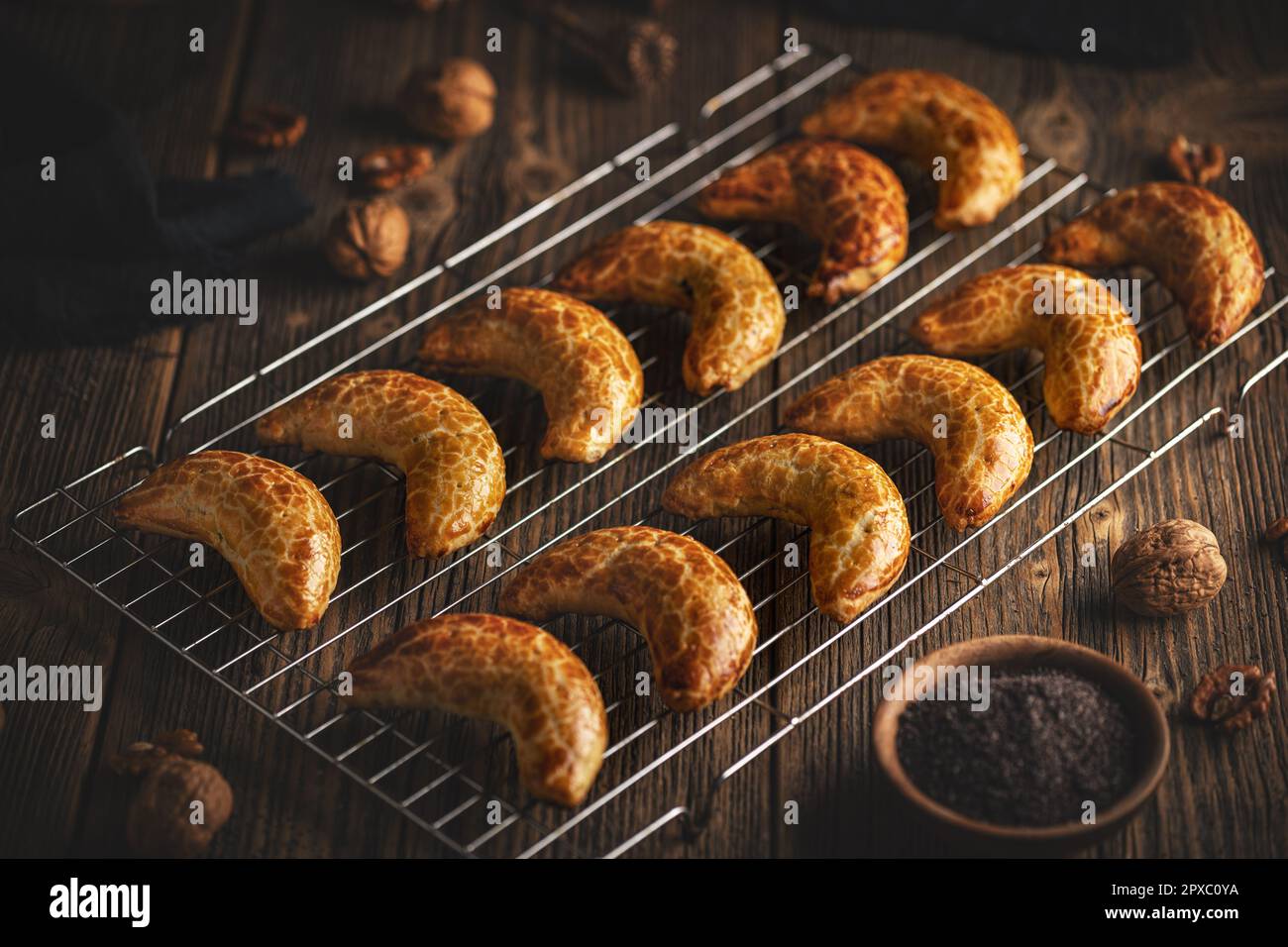 Still life of Bratislava crescent rolls filled with poppy seeds or