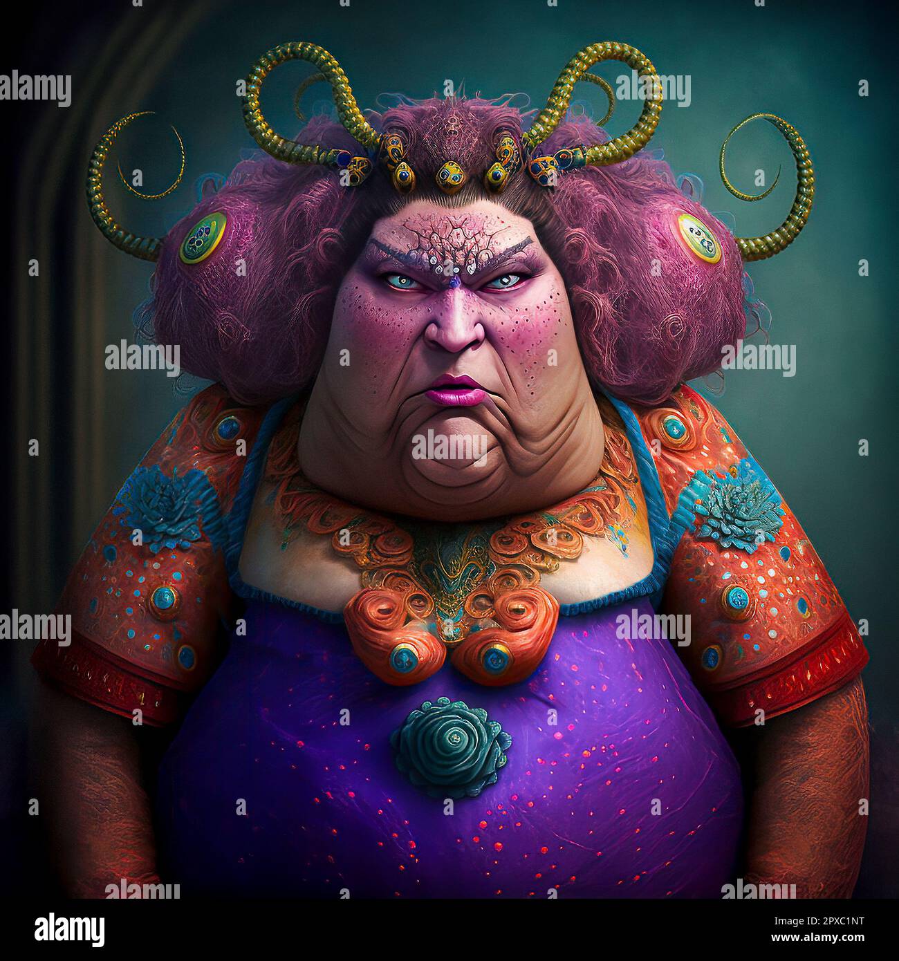 Colorful Character Portrait, an Older Woman With Bloated Body, Angry Face, Pink Hair and Horns on Her Head Stock Photo