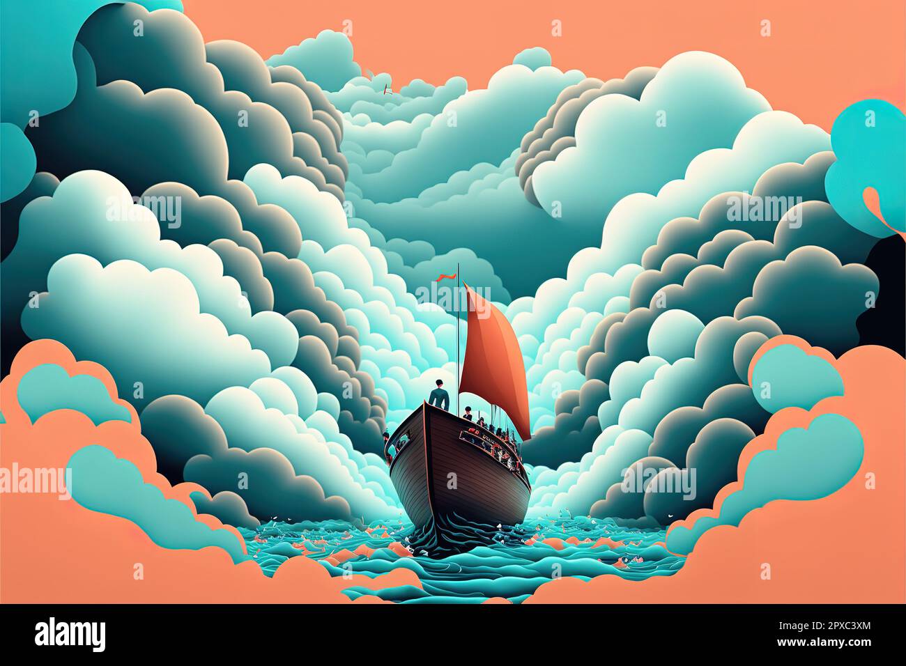 Navigating Abstract Image Illustration of man on a boat navigating on a sea of clouds, surreal ...