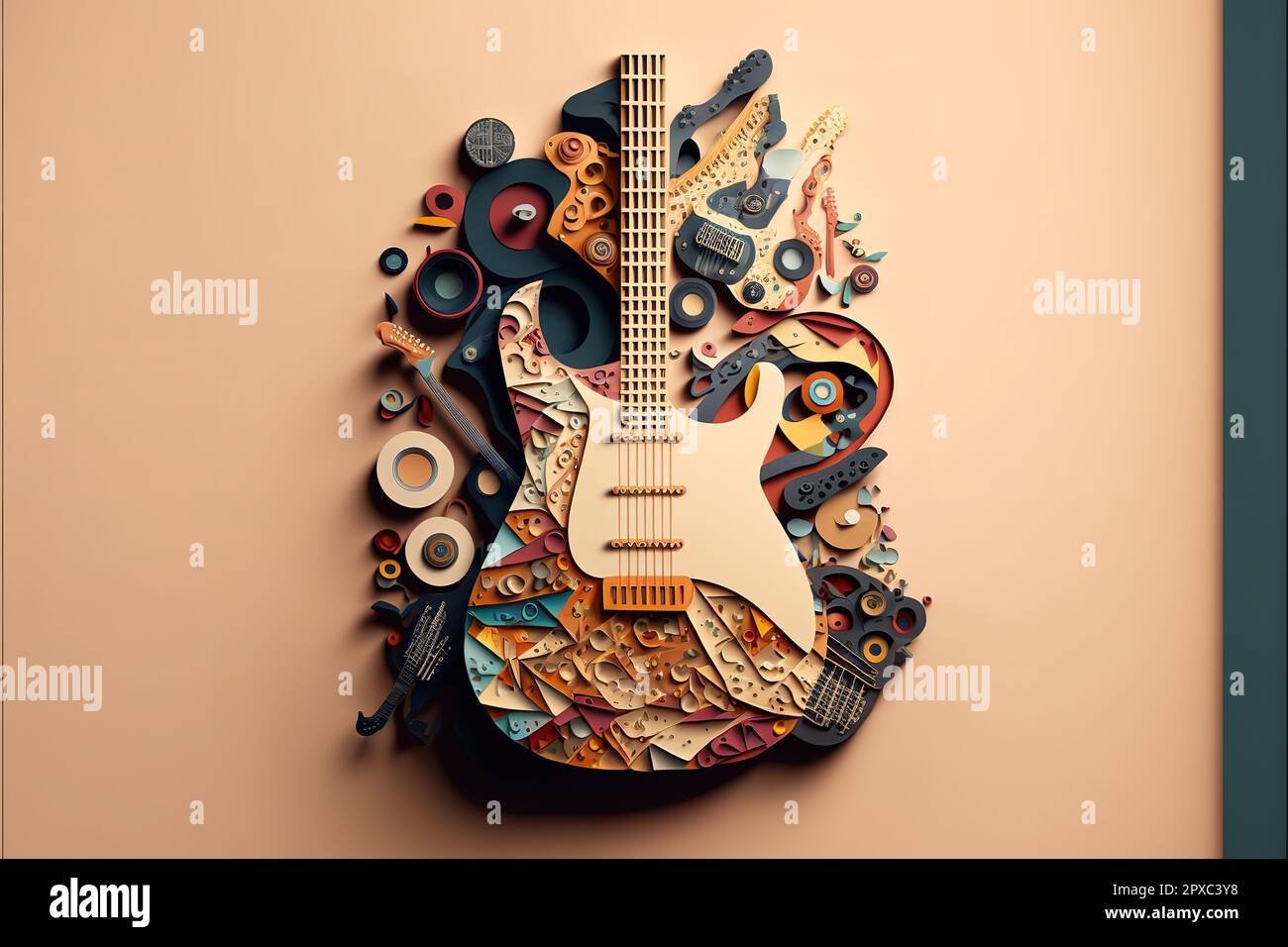 Guitar musical illustration. trendy art paper collage design Stock