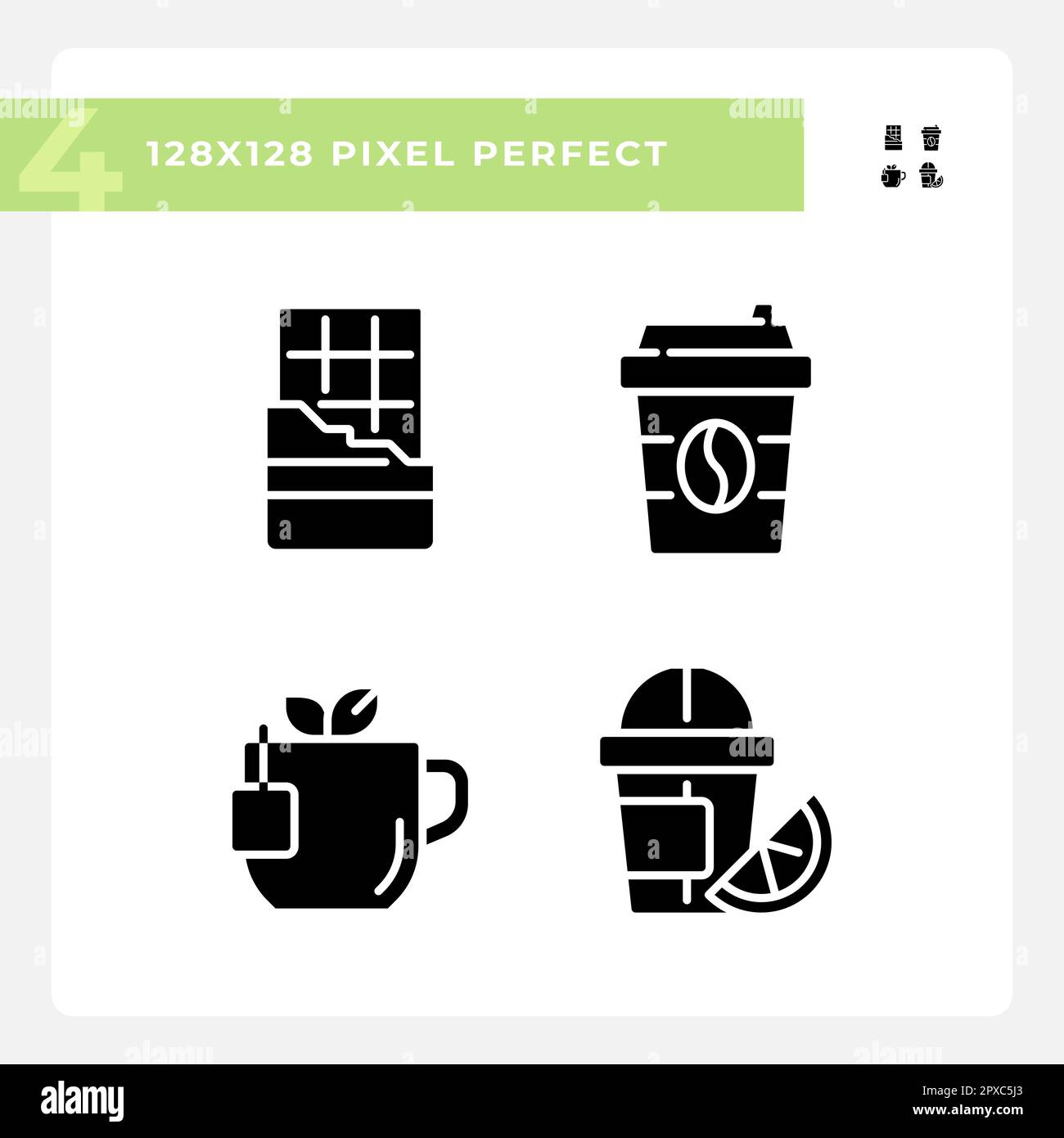 Drinks and desserts pixel perfect black glyph icons set on white space Stock Vector