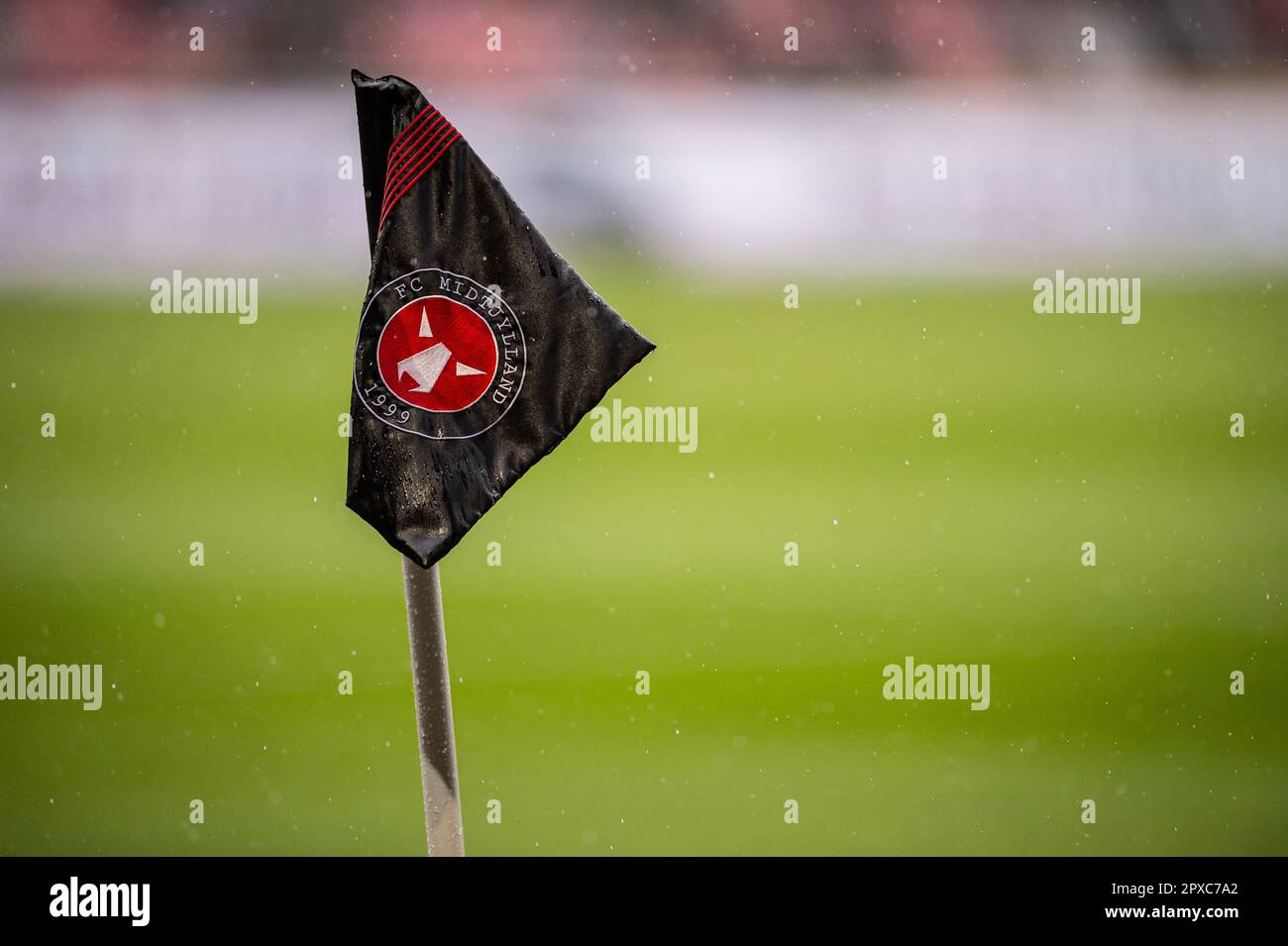 Herning, Denmark. 01st May, 2023. Corner flag with the logo of the Danish superliga club FC Midtjylland seen during the 3F Superliga match between FC Midtjylland and Silkeborg IF at MCH Arena in Herning. (Photo Credit: Gonzales Photo/Alamy Live News Stock Photo