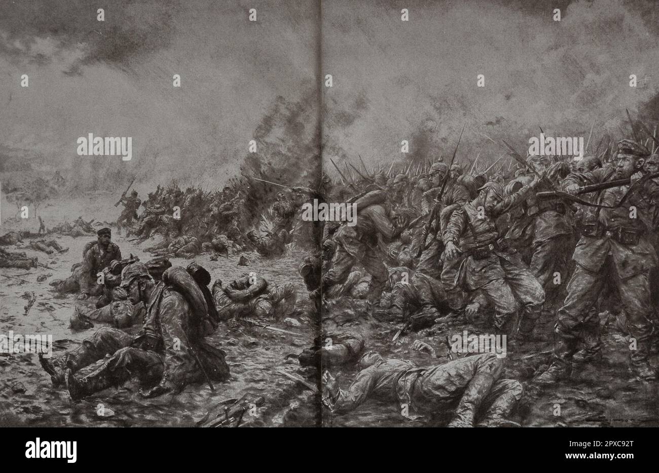 Wolrd War I. Battle of Flanders. J. Simont German masses retreating under rifle and artillery fire. 1914 Stock Photo