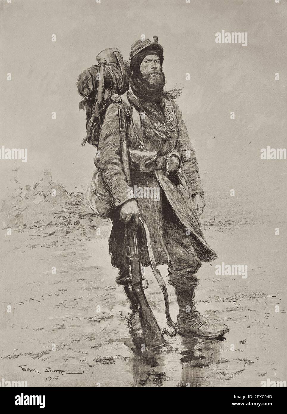 World War I. The soldier of 1915. Poilu. By Georges Scott Poilu is an informal term for a late 18th century–early 20th century French infantryman, meaning, literally, the hairy one. It is still widely used as a term of endearment for the French infantry of World War I. The word carries the sense of the infantryman's typically rustic, agricultural background, and derives from the bushy moustaches and other facial hair affected by many French soldiers after the outbreak of the war as a sign of masculinity. The poilu was particularly known for his love of pinard, his ration of cheap wine. Stock Photo