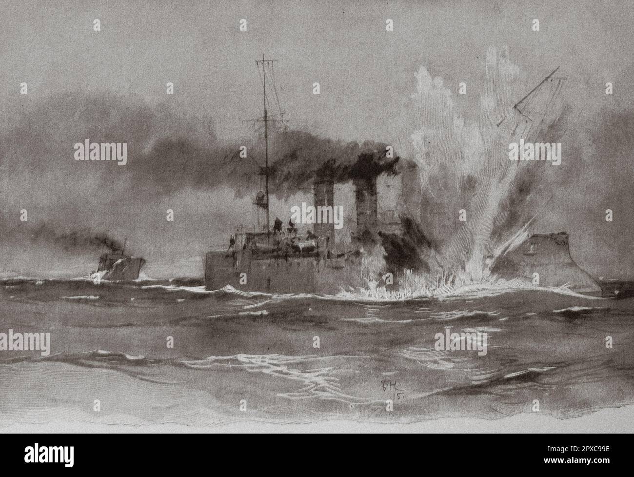 World War I. In the Baltic. The German Cruiser 'Bremen' torpedoed by an English ship. Stock Photo