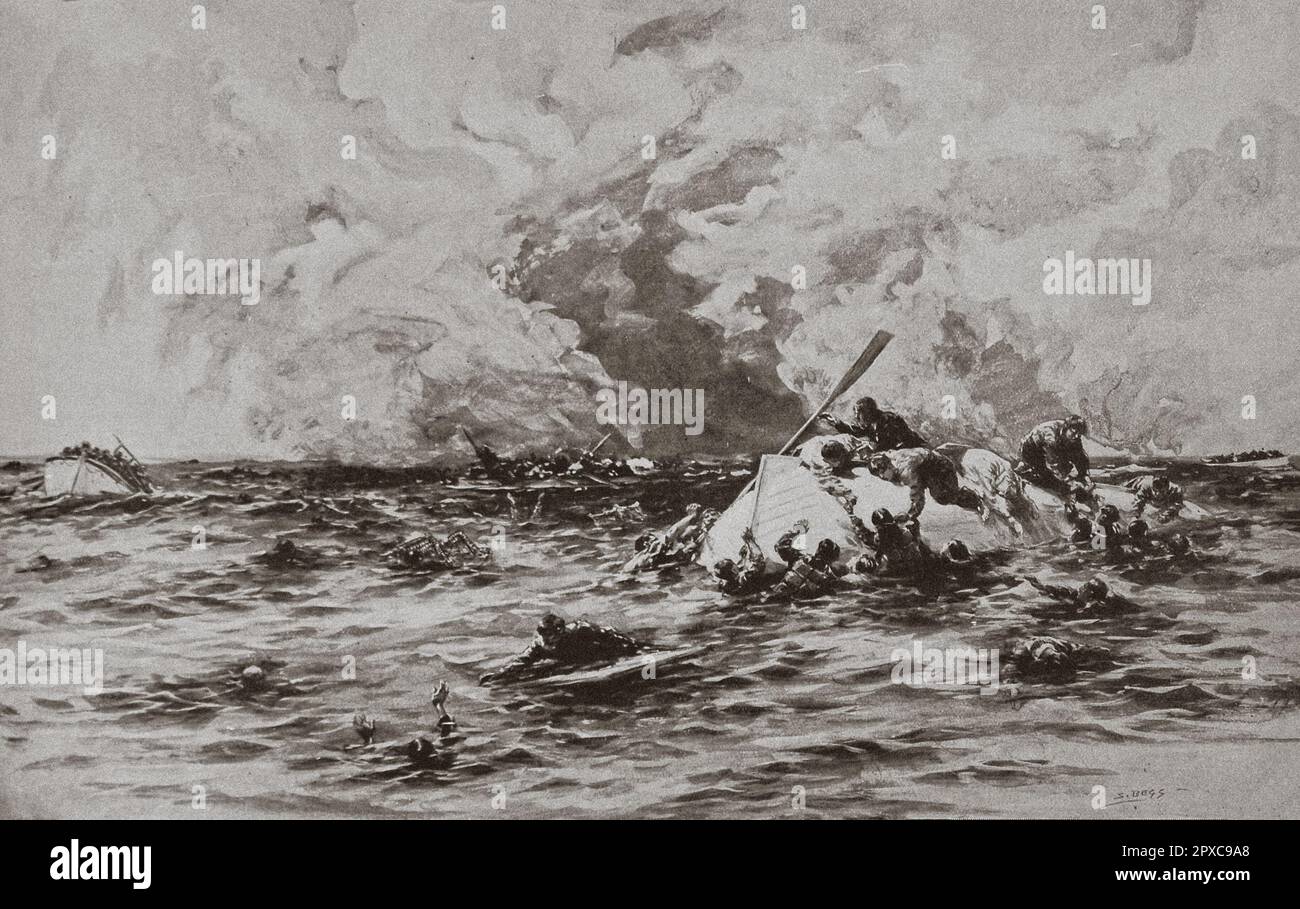 Wolrd War I. Sinking of the RMS Lusitania. Mai 1915. Drawing by S. Begg according to information from Thomas K. Turpin. The RMS Lusitania was a UK-registered ocean liner that was torpedoed by an Imperial German Navy U-boat during the First World War on 7 May 1915, about 11 nautical miles (20 kilometres) off the Old Head of Kinsale, Ireland. The attack took place in the declared maritime war-zone around the UK, shortly after unrestricted submarine warfare against the ships of the United Kingdom had been announced by Germany following the Allied powers' implementation of a naval blockade against Stock Photo