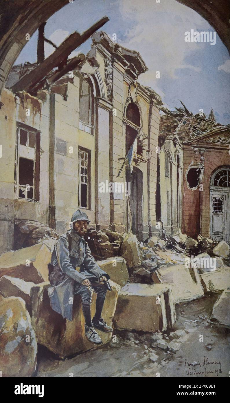 World War I. France at war. French soldier on the ruins of Cour de l'Eveche. 1916. By Francois Flameng Stock Photo