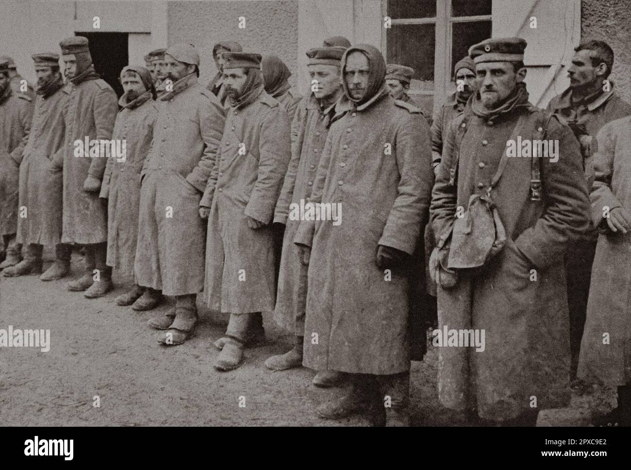 World War I. Captured German soldiers.  Some survivors of the hecatombes: types of German infantrymen of the reserves launched against Verdon, after having been the object of a special training and of a regime of overfeeding comprising 3 1/2 pounds of meat, 3 liters of coffee per man and per day. Stock Photo