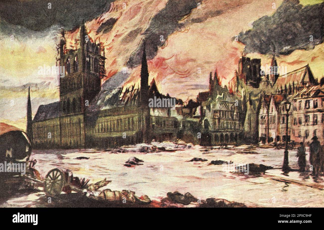World War I. The horrors of the culture war. Ypern by by A. Bastien, 1915. German shelling of Cloth Hall and Grote Markt, at Ypern, Belgium. Stock Photo