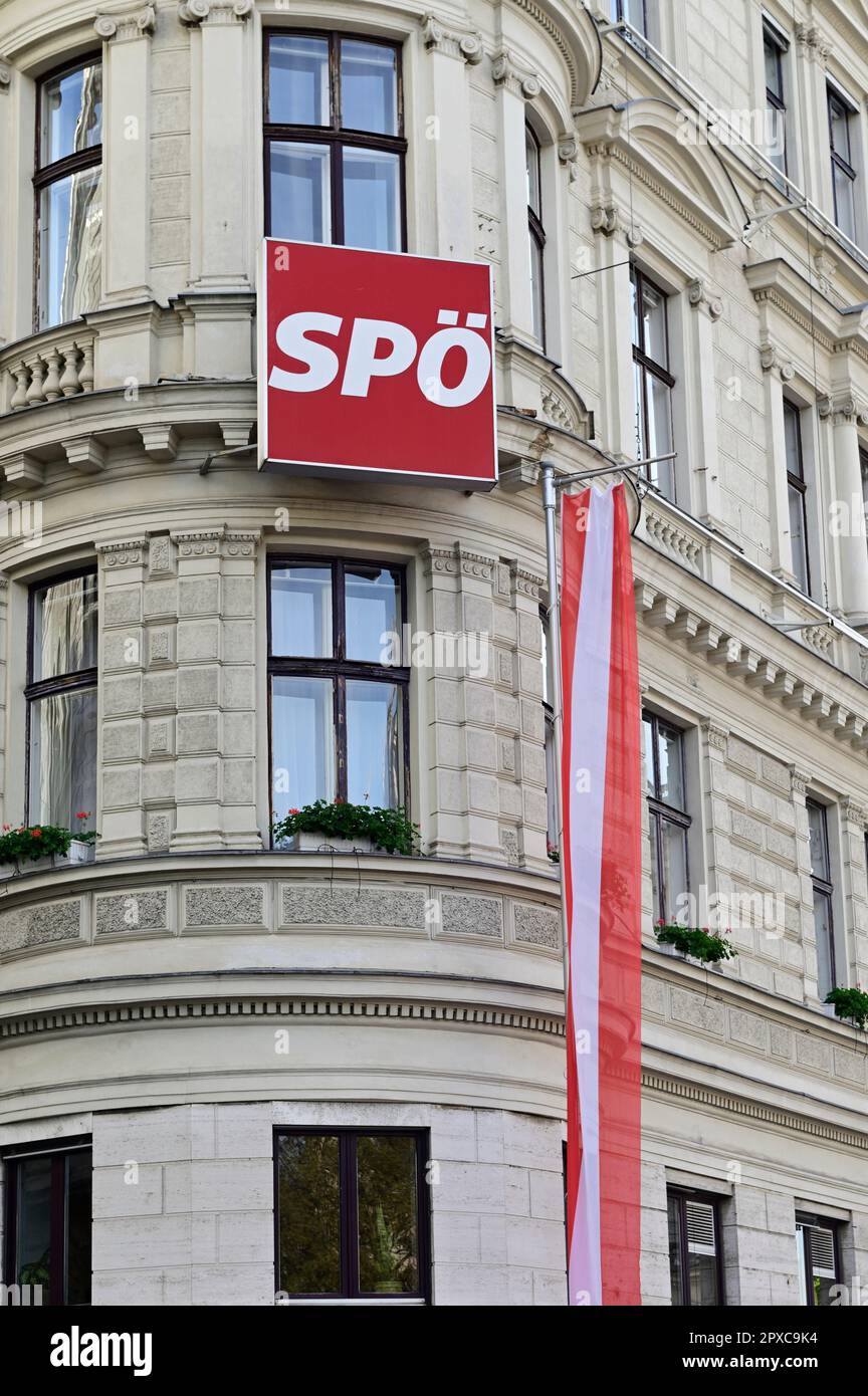 Vienna, Austria. May 1st, 2023. Final rally of the SPÖ celebrations for May 1st in Vienna. Picture shows the party headquarters of the SPÖ Stock Photo