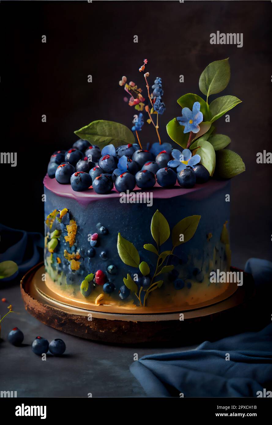 Realistic cake decorated with blueberries and flower, 3D illustration Stock Photo