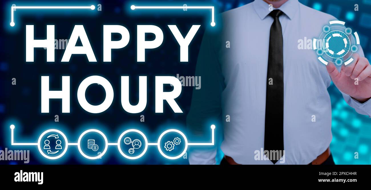 Handwriting text Happy Hour, Business approach Spending time for activities that makes you relax for a while Stock Photo