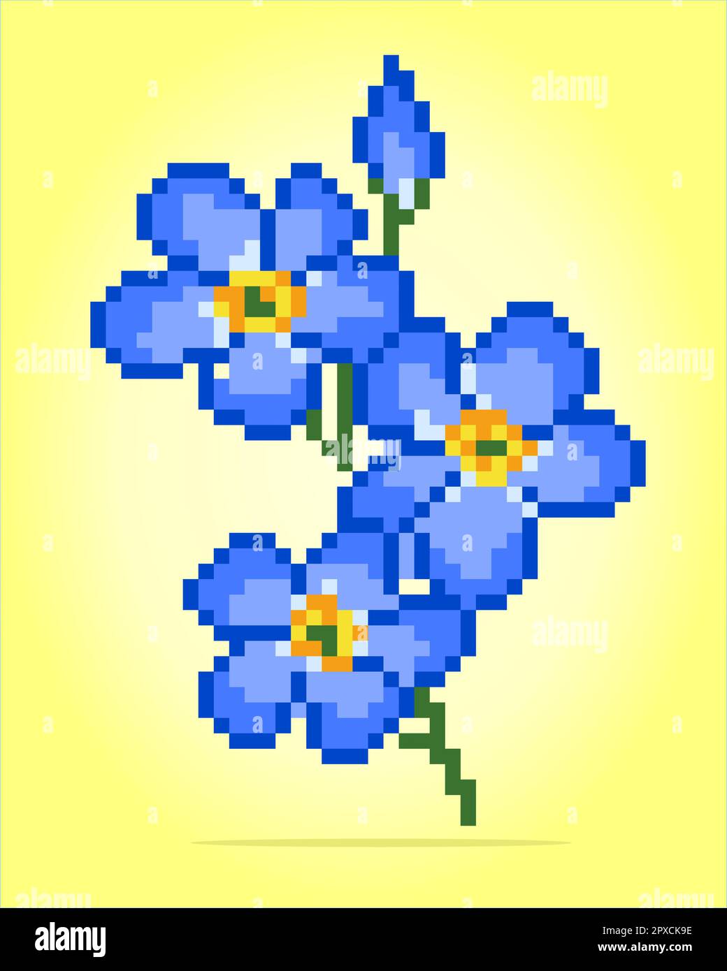 8 bit pixel flower of flax. Blue flowers for cross stitch patterns, in vector illustrations. Stock Vector