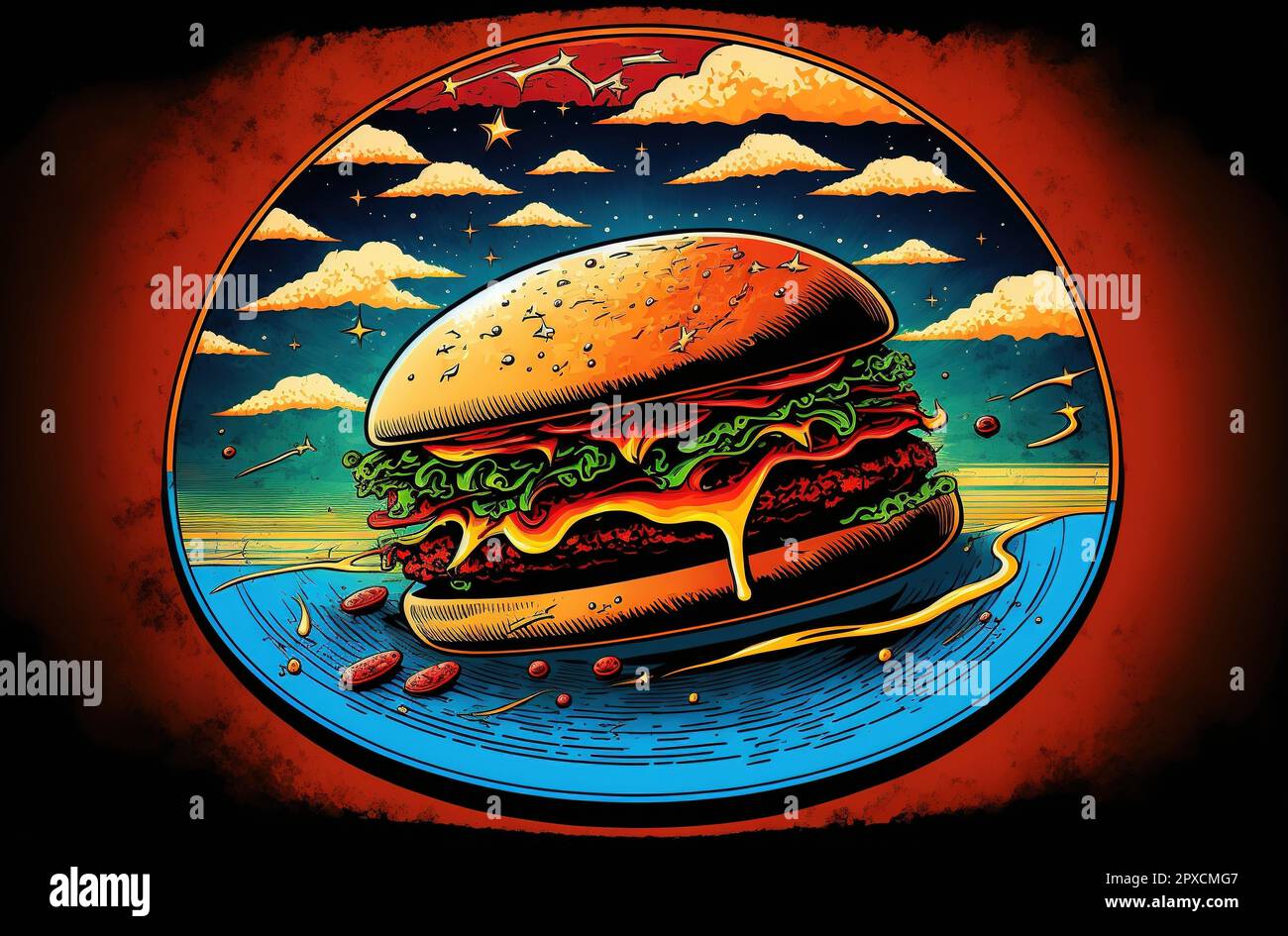 A comic style painting of hamburger. Abstract color hamburger painting ...