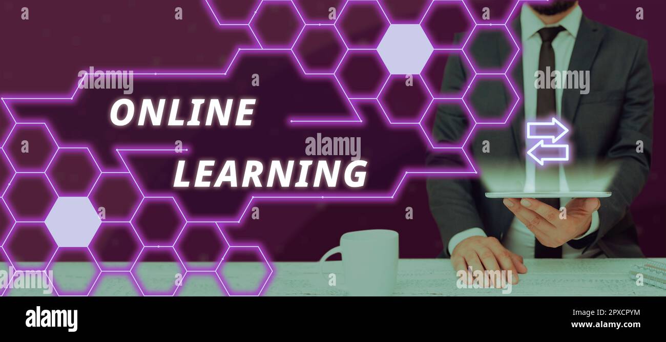 Sign displaying Online Learning, Business overview Larning with the assistance of the Internet and a computer Stock Photo