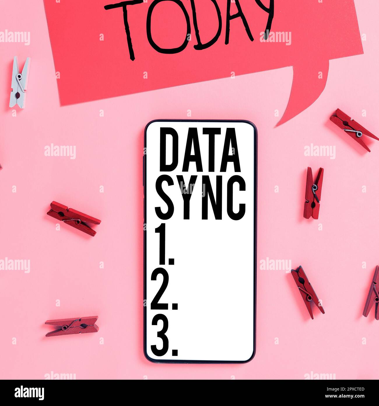 Handwriting text Data Sync, Concept meaning data that is continuously generated by different sources Stock Photo