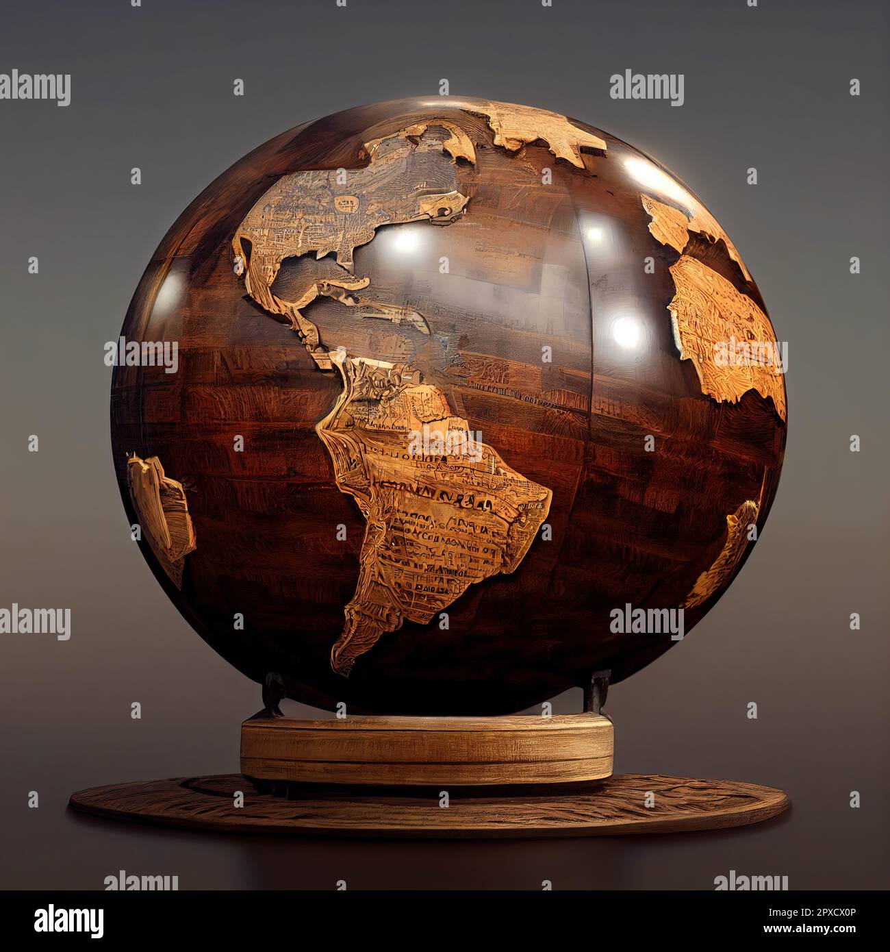 This painting depicts a world map carved onto a wooden globe