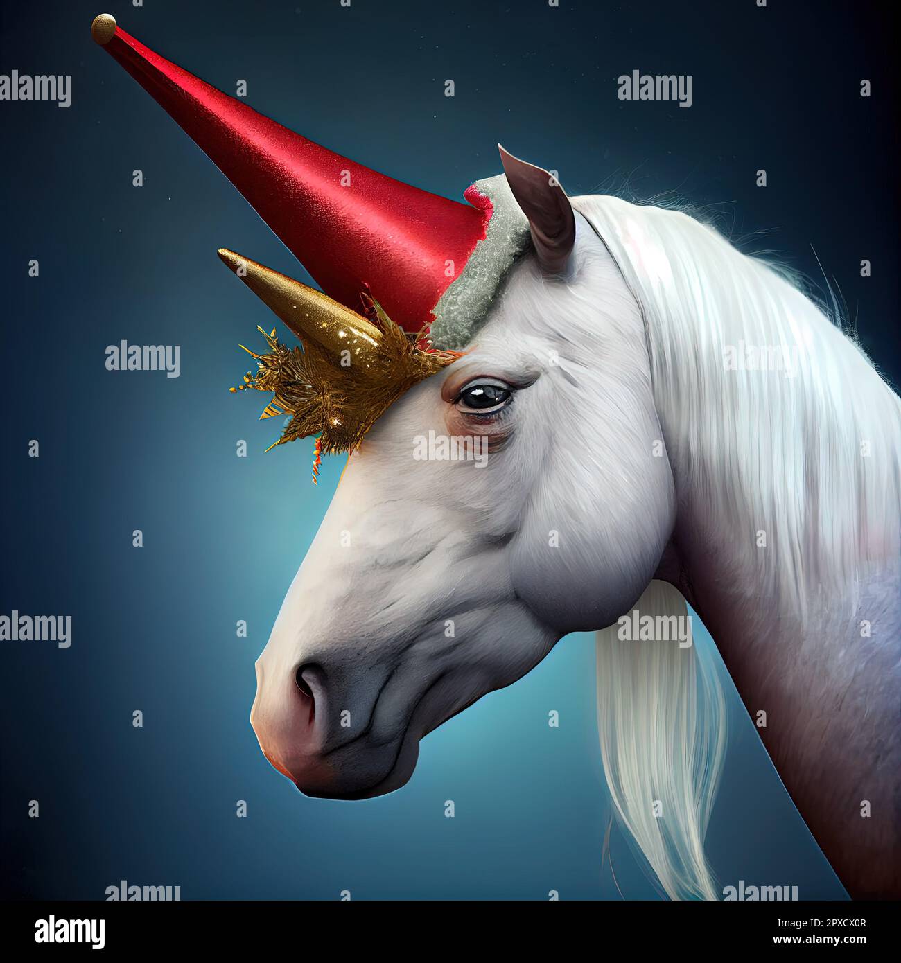 A beautiful depiction of a unicorn horse with a red horn, adorned with