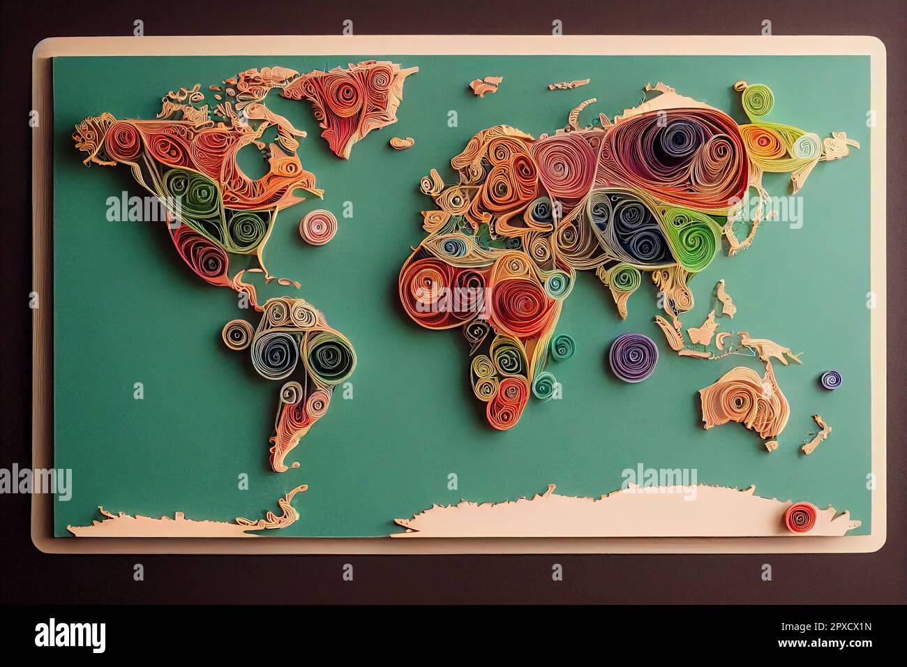 This unique and colorful piece depicts a world map made up of paper ...