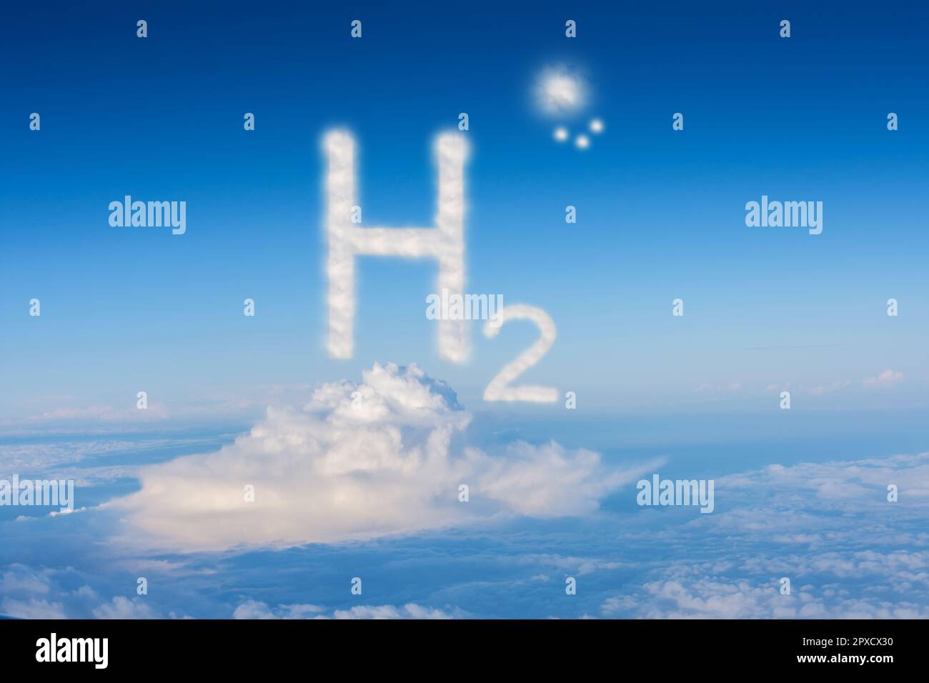 3D illustration renewable pure energy soft white h2 hydrogen over white clouds on deep blue Stock Photo