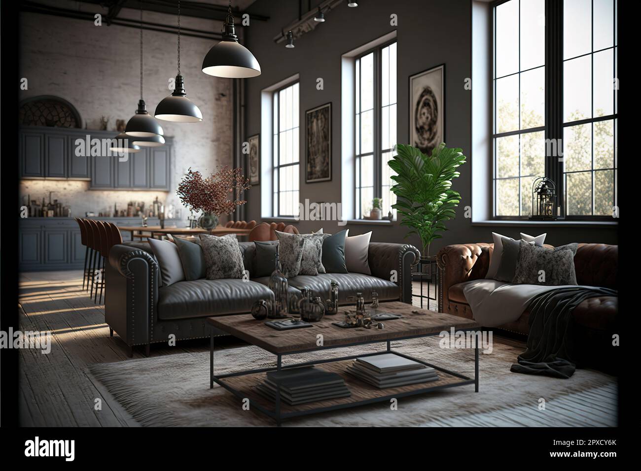 Living room interior in loft, industrial style, 3d render Stock Photo ...