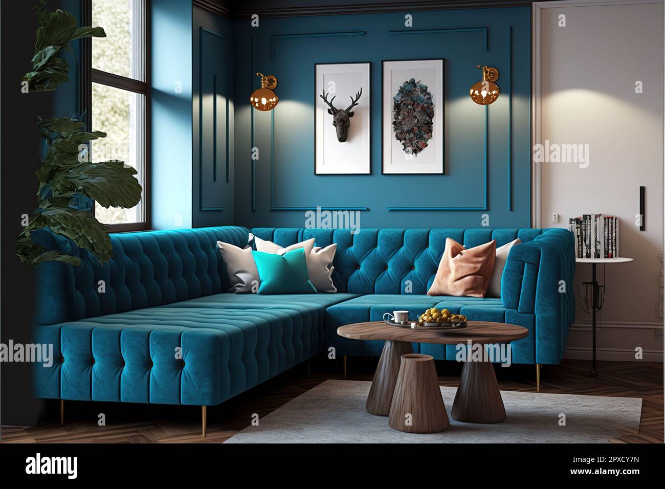 Modern interior of living room with blue corner sofa, coffee tables ...