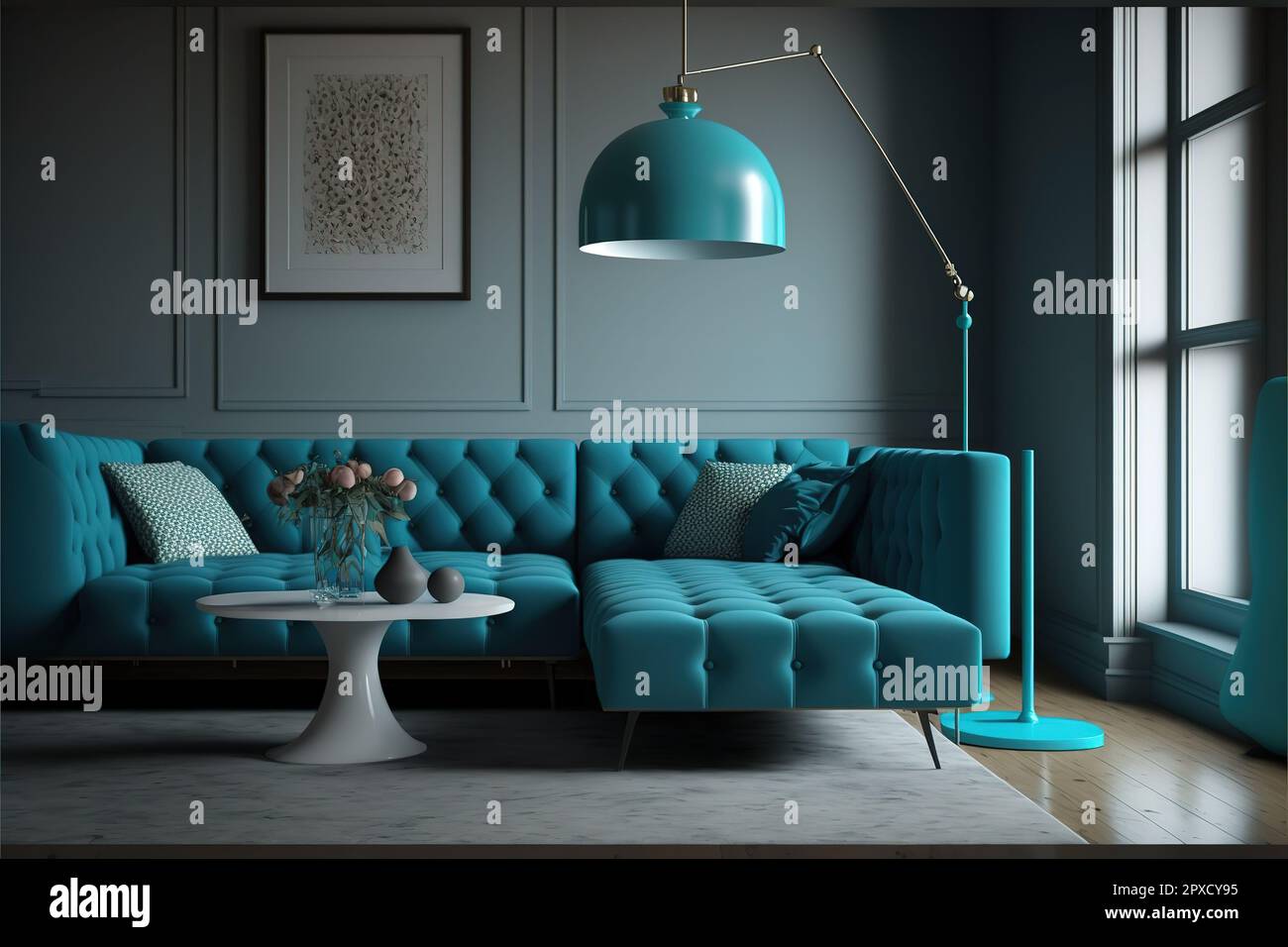 Modern interior of living room with blue corner sofa, coffee tables