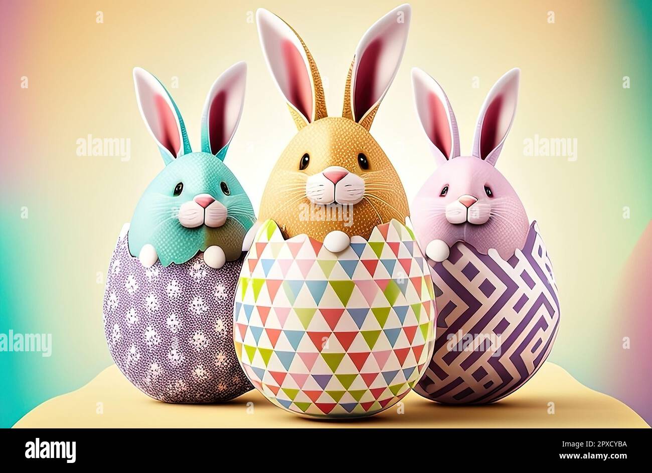 Cute funny colorful Easter eggs with painted bunny head. Three bunny ...