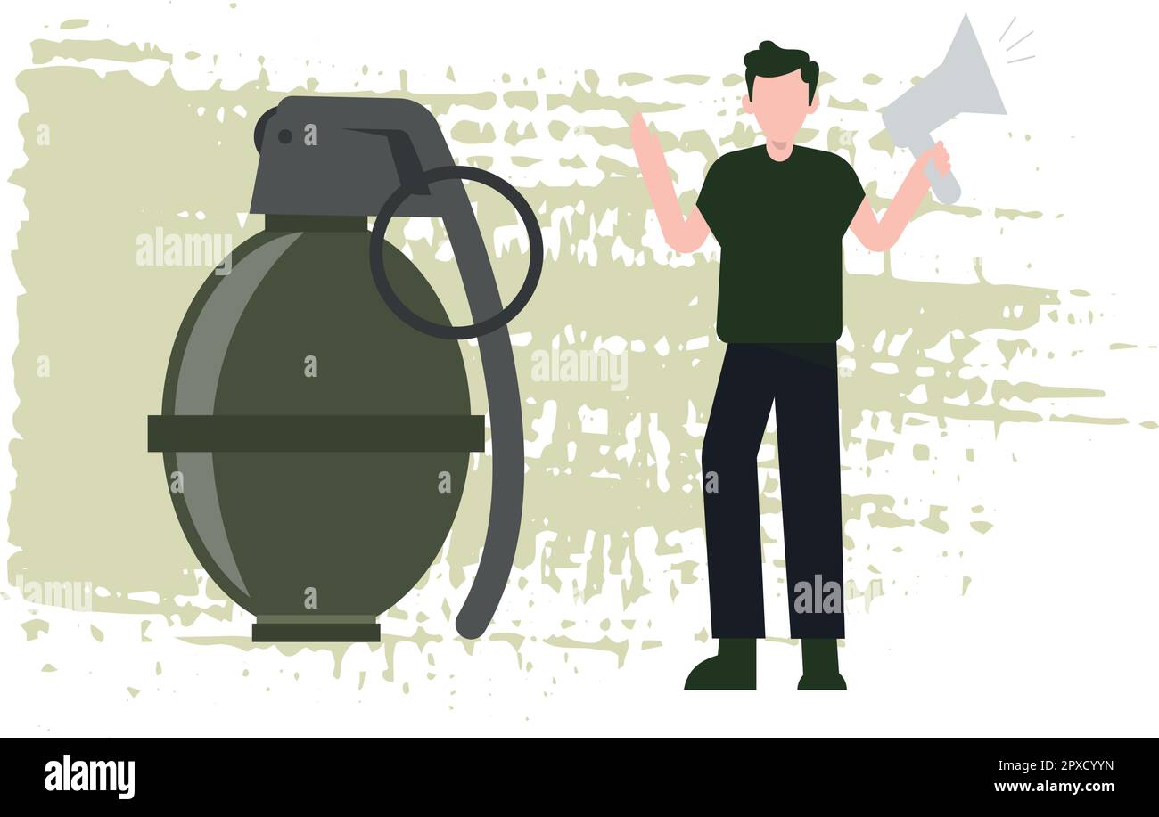 The boy stands next to the grenade. Stock Vector