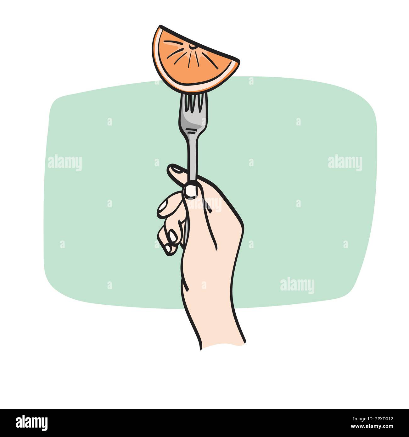 closeup hand holding fork with piece of orange illustration vector hand drawn isolated on white background line art. Stock Vector