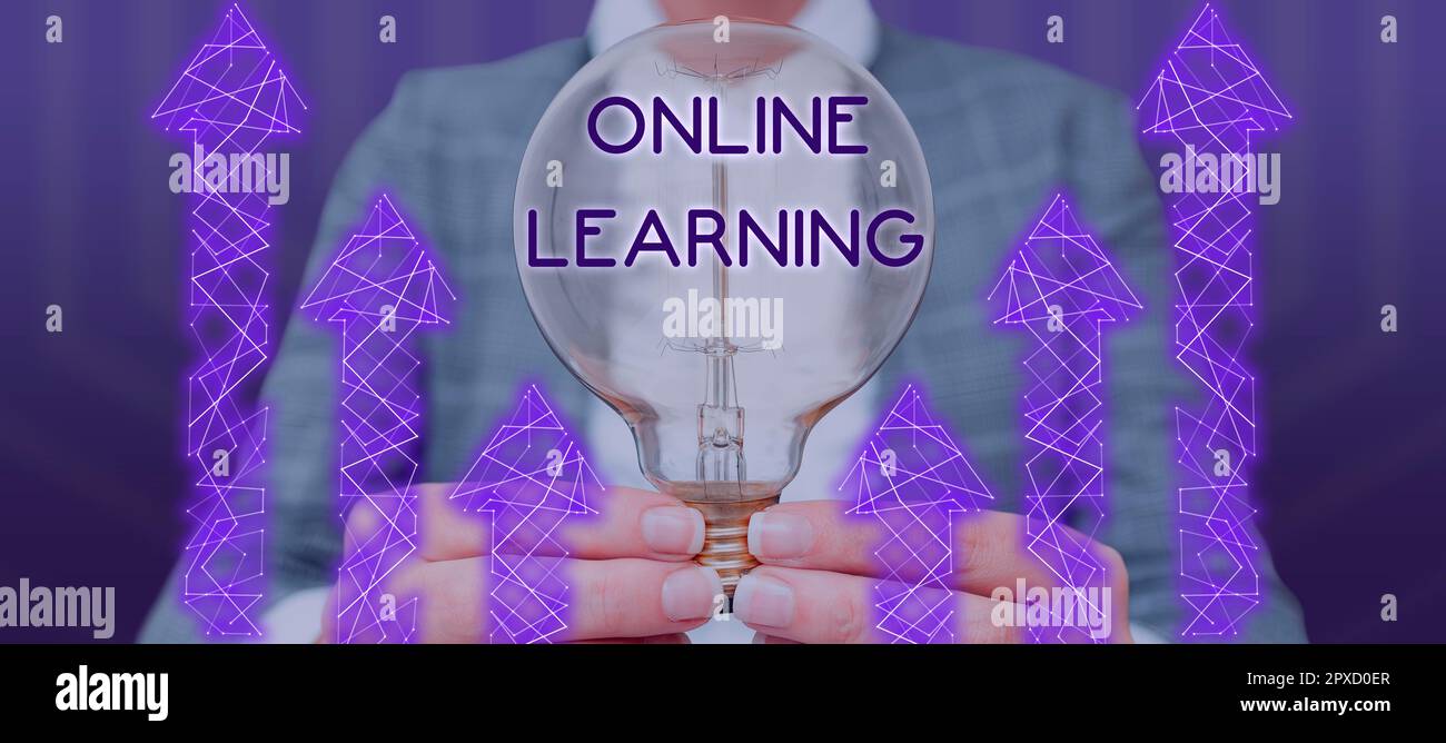 Text sign showing Online Learning, Conceptual photo Larning with the assistance of the Internet and a computer Stock Photo