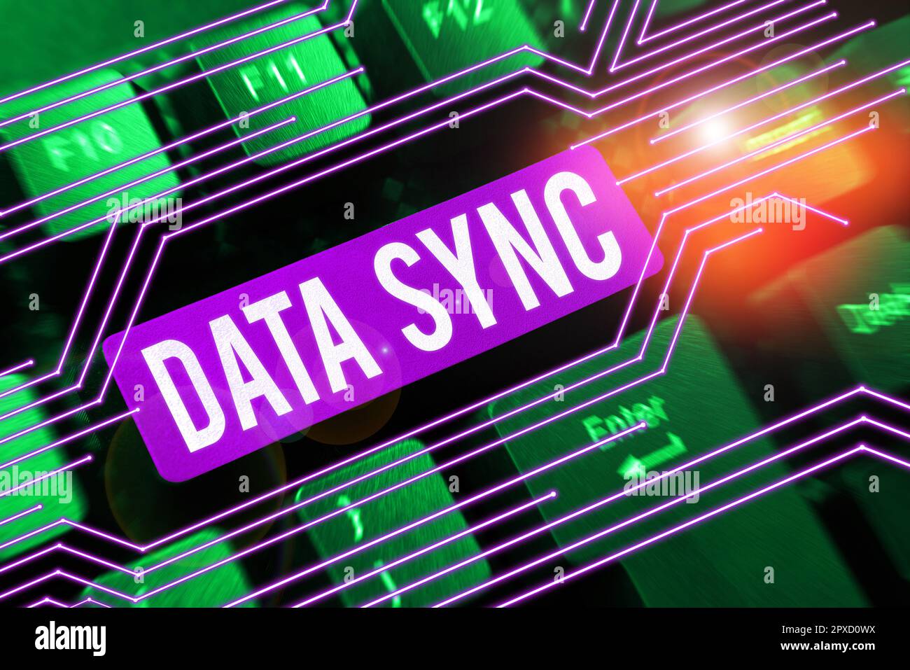 Writing displaying text Data Sync, Word for data that is continuously generated by different sources Stock Photo
