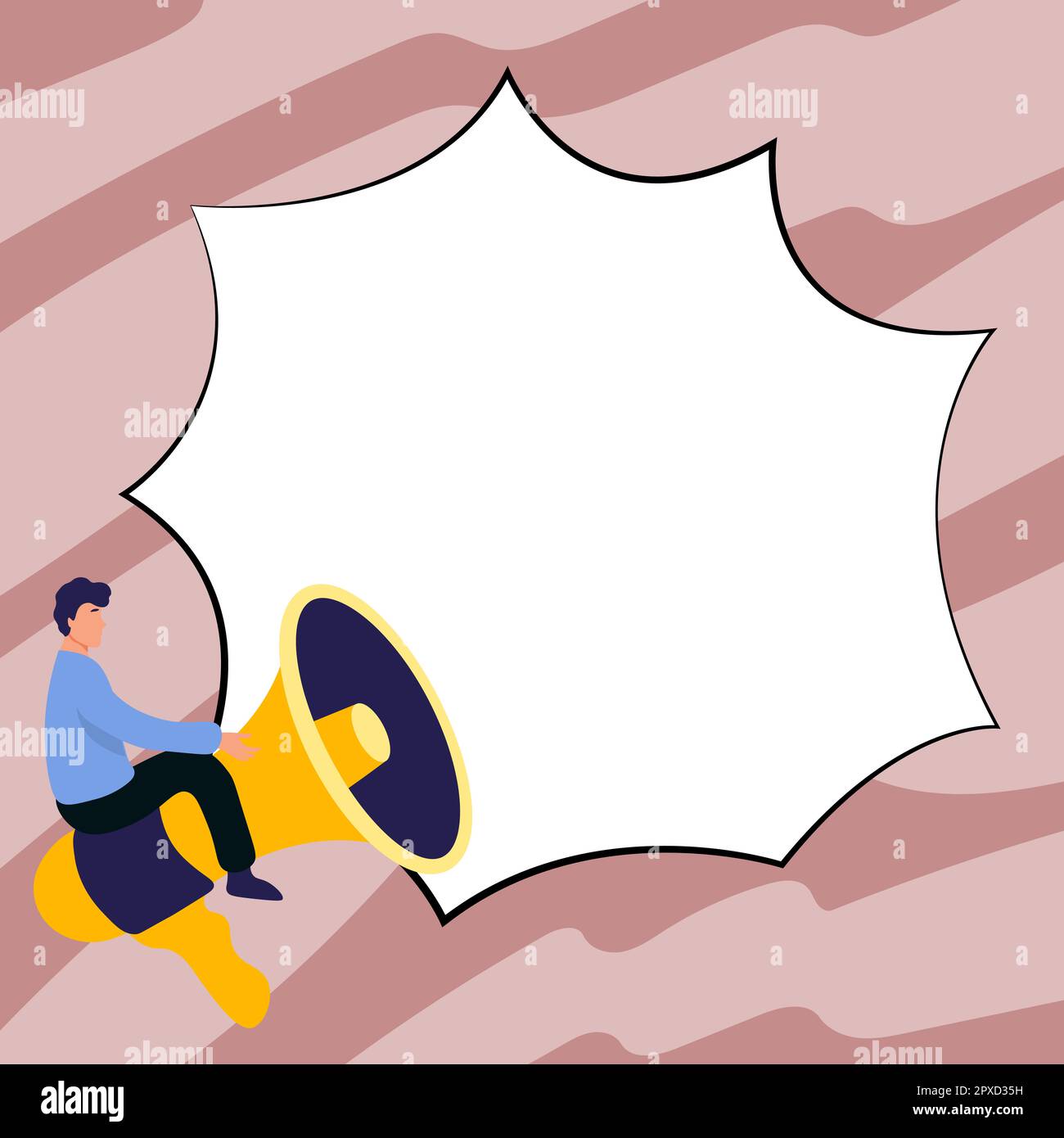 Man sitting on megaphone. Empty dialog bubble for brand new information. Stock Photo