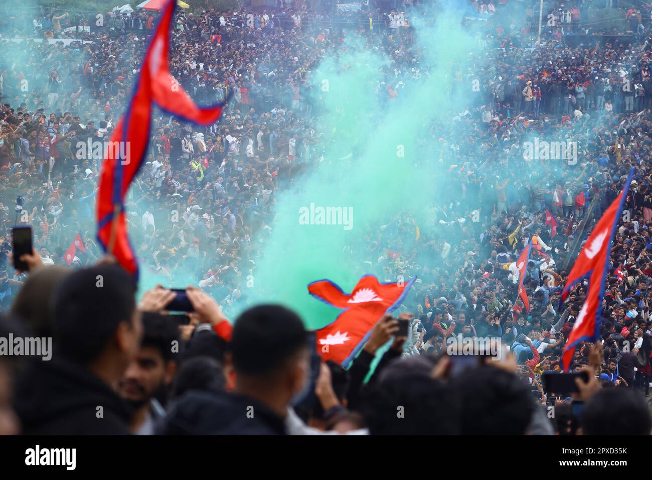 Kathmandu, NE, Nepal. 2nd May, 2023. Nepali cricket fans celebrate