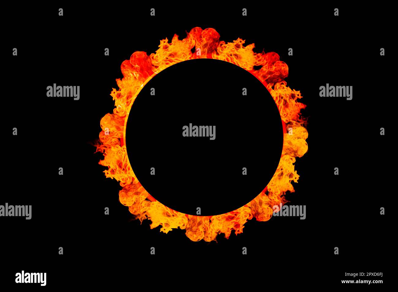 orange flame circle frame on black background Stock Photo