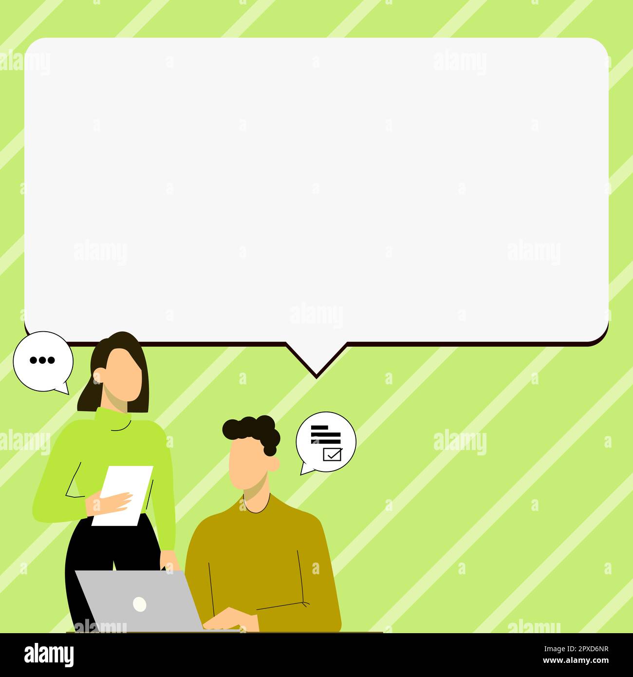 People discussing news. Big text holder on colored background with agenda. Stock Photo