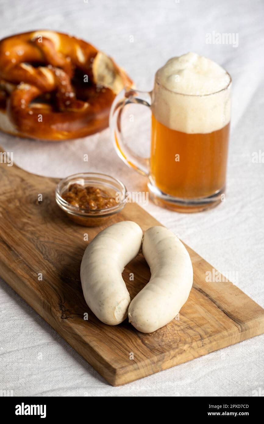 bavarian white sausages with pretzel Stock Photo