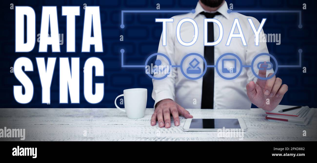 Handwriting text Data Sync, Business overview data that is continuously generated by different sources Stock Photo