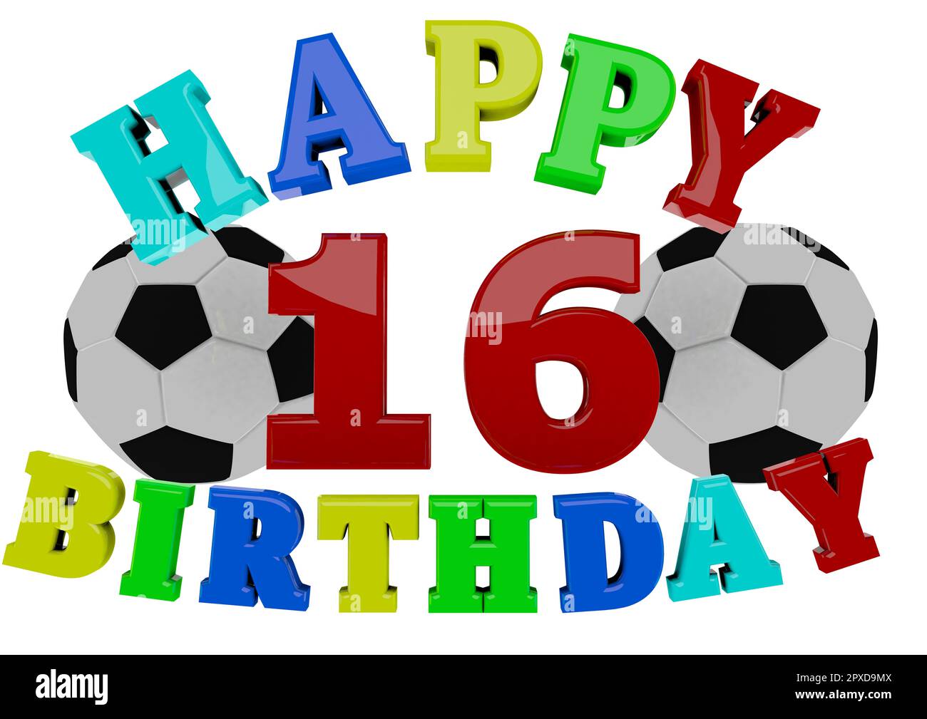 A 3D Rendering with lettering Happy Birthday two footballs and a big red number Stock Photo