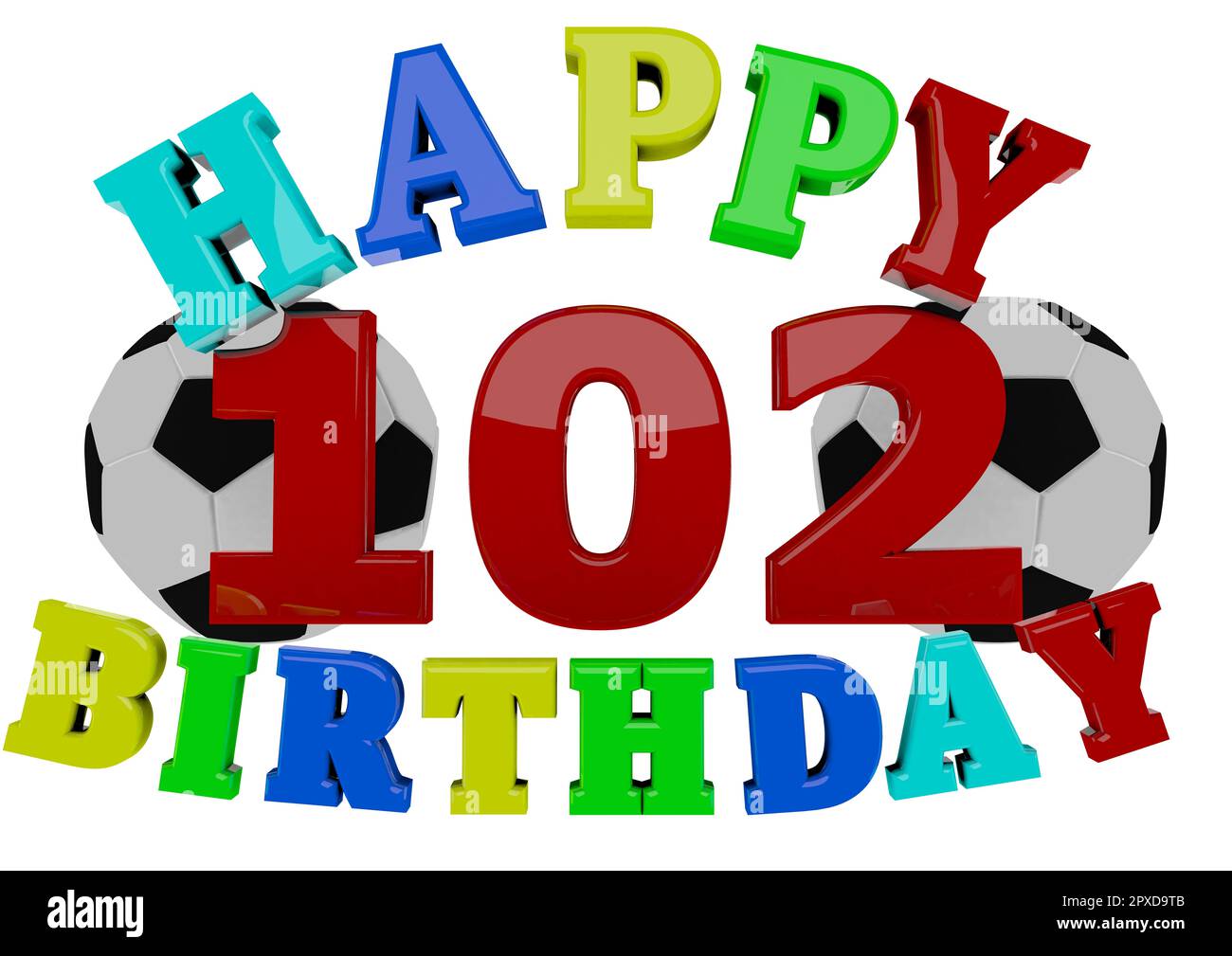 A 3D Rendering with lettering Happy Birthday two footballs and a big red number Stock Photo
