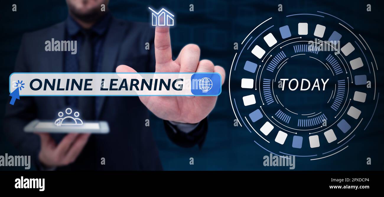 Conceptual display Online Learning, Word Written on Larning with the assistance of the Internet and a computer Stock Photo